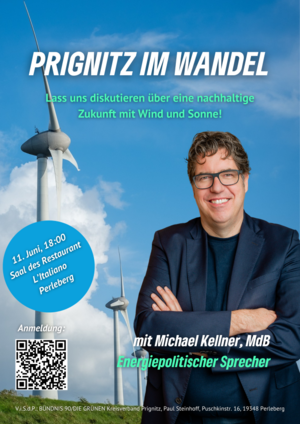 Einladungsflyer in blau mit Michael Kellner