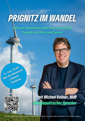 Einladungsflyer in blau mit Michael Kellner